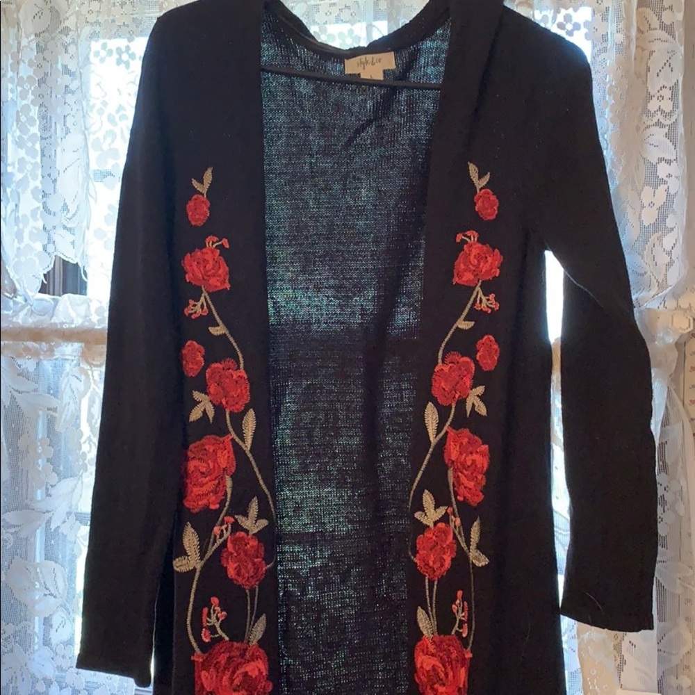 Black sweater with embroidered roses